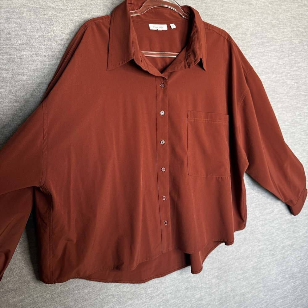 Chicos Zenergy Neema Cropped Top Button Up Shirt Size 4 US 20 Sable Rust Brown
